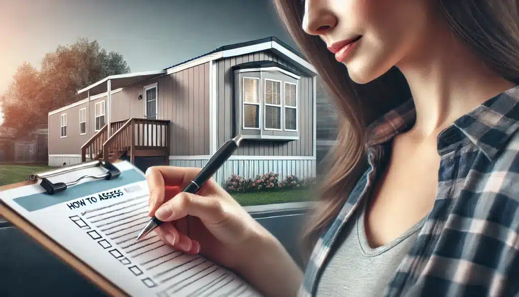 DALL·E 2025 01 25 22.51.27 A close up of a mobile home buyer filling out a checklist or survey form on a clipboard with a modern mobile home visible in the background. The buye